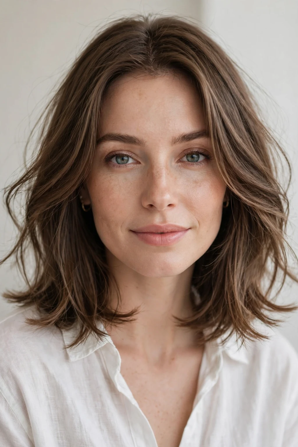 Woman with feathered ends lob, soft airy flicked ends, delicate light.