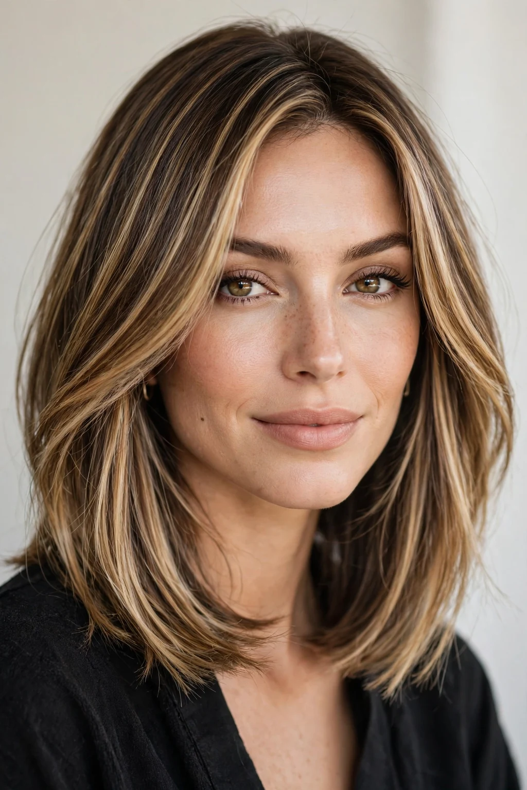 Woman with highlighted lob, dimensional radiant color, luminous light.
