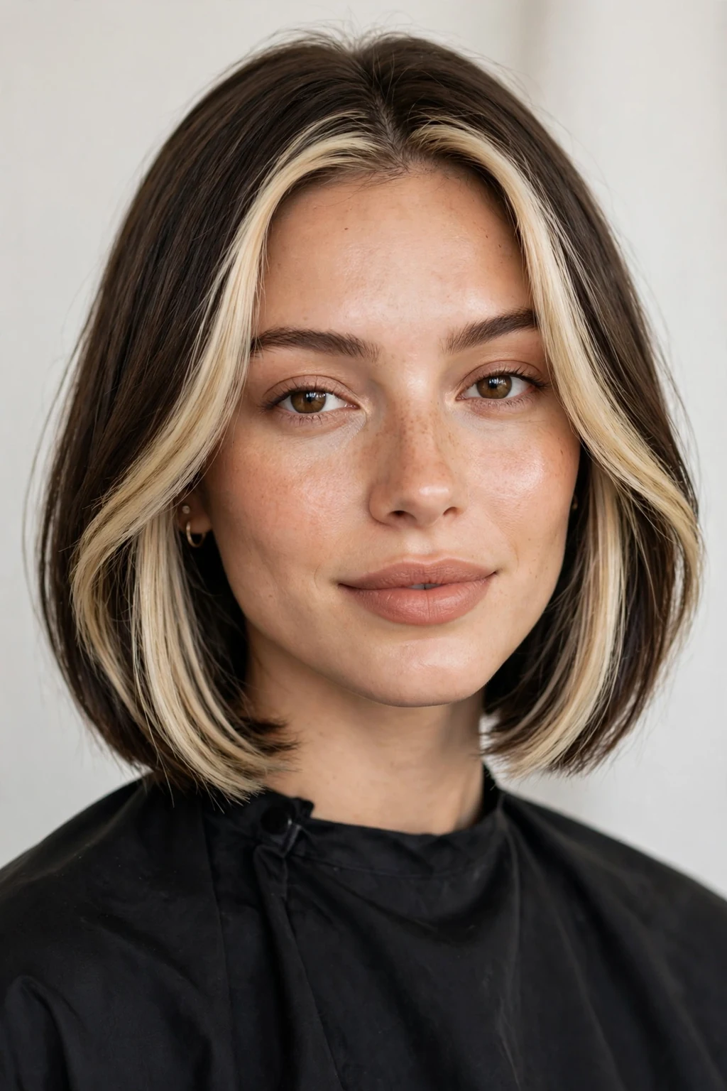 Woman with money piece lob, bright face-framing color, radiant light.