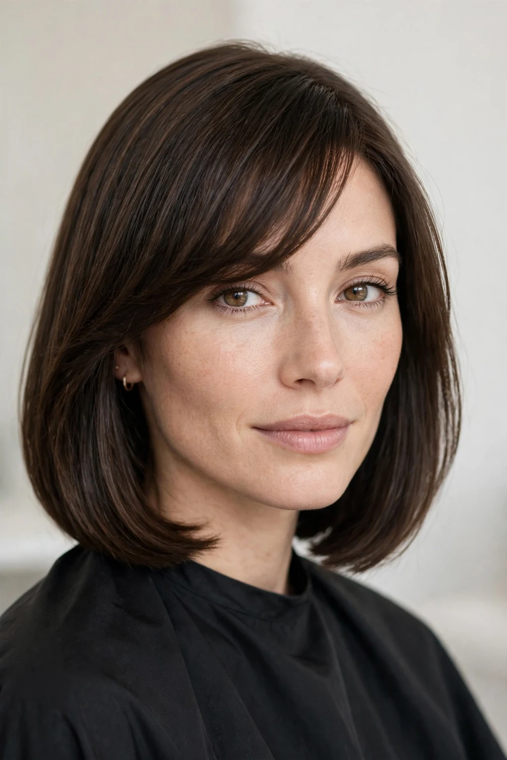 Woman with lob and side-swept bangs, elegant diagonal fringe, chic light.