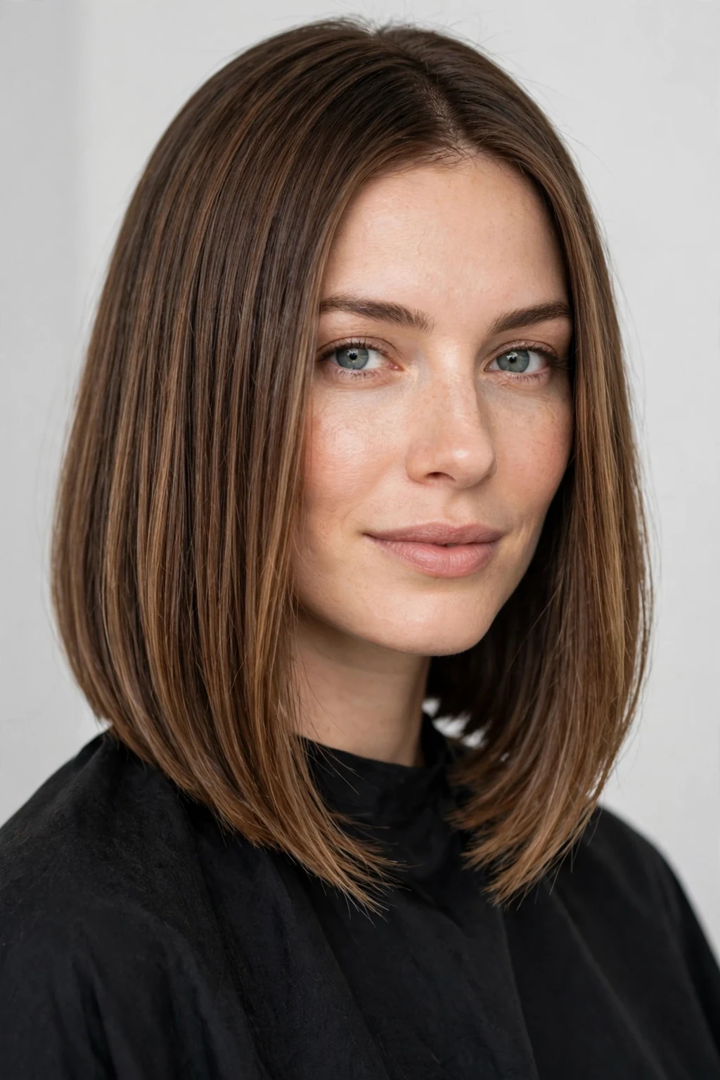Woman with tapered ends lob, clean graduated finish, precise light.