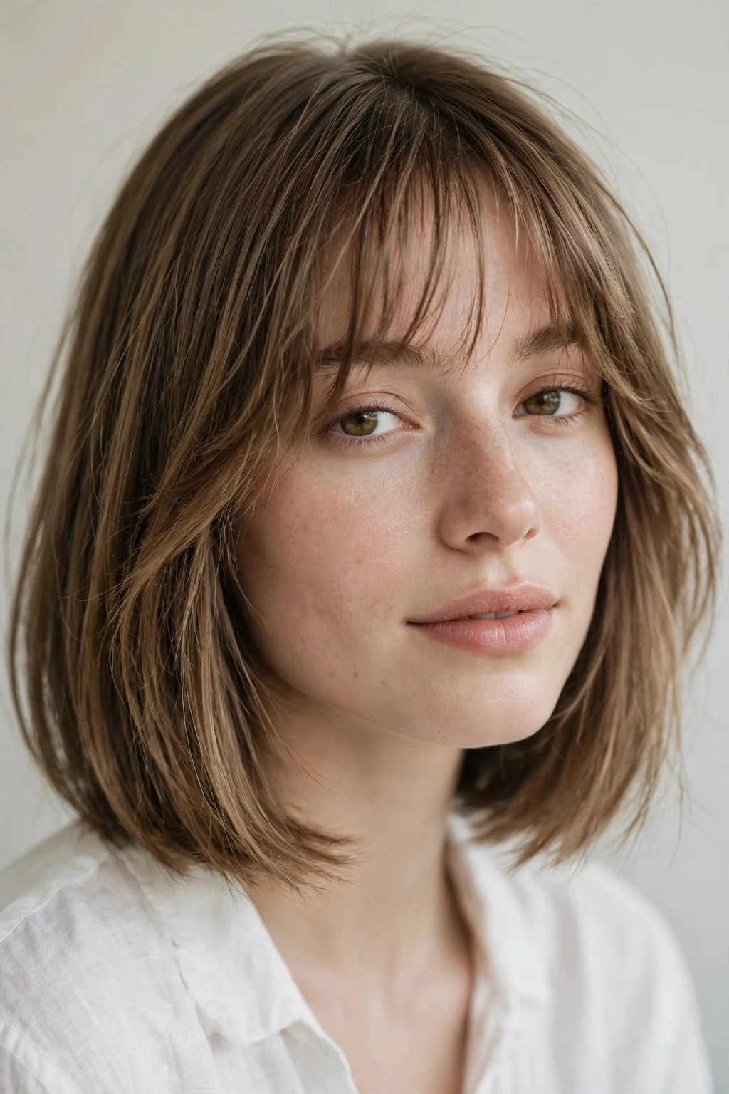 Woman with lob and wispy bangs, delicate airy fringe, gentle light.