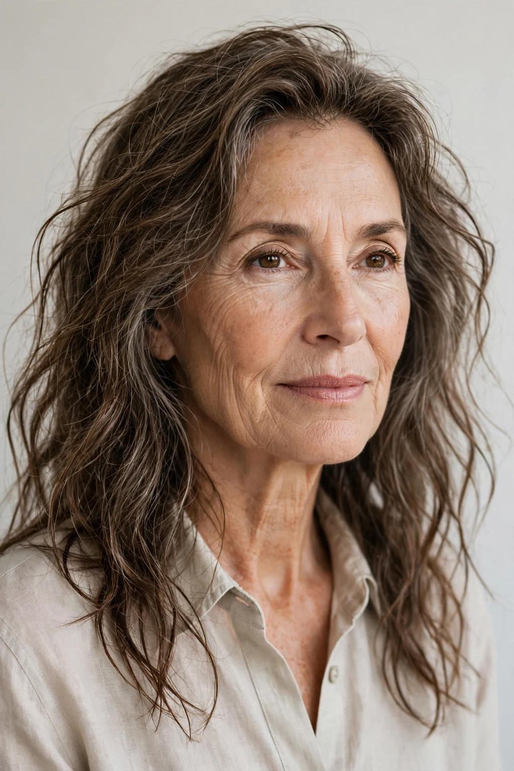 Elegant woman over 50 with long air-dried texture, natural flowing waves, fresh light.