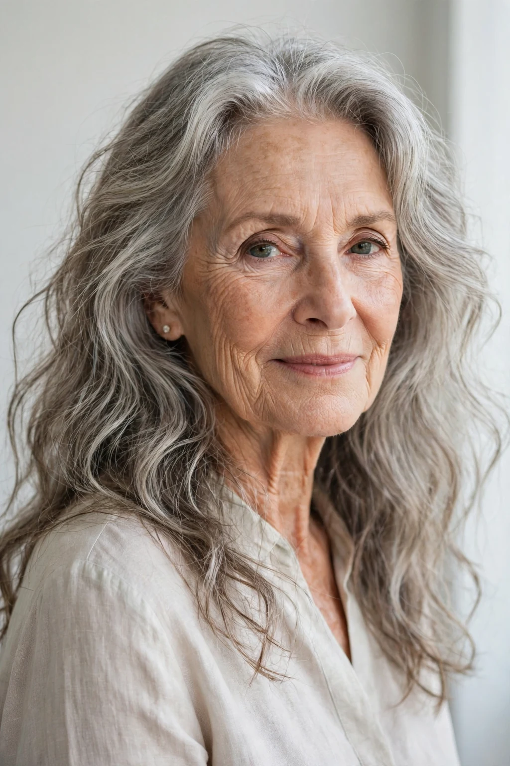 Elegant woman over 70 with long air-dried texture, natural flowing waves, fresh light.