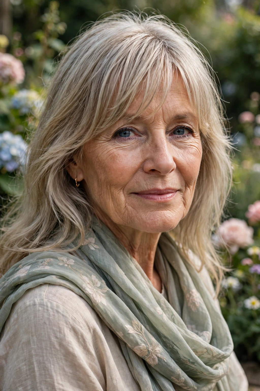 Beautiful older woman with long bangs, flowing long bangs, soft light.