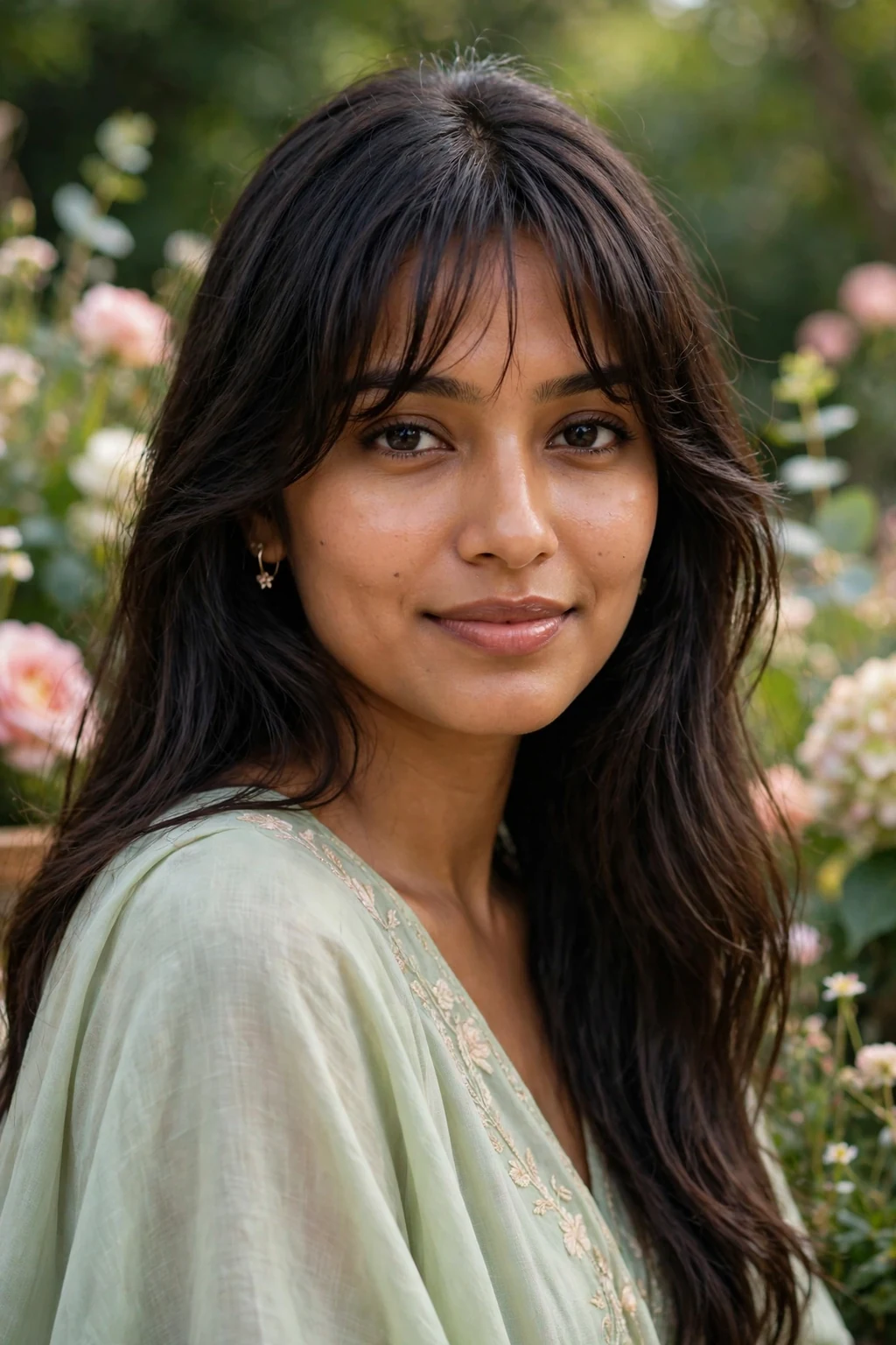 Beautiful woman with long bangs, flowing long bangs, soft light.