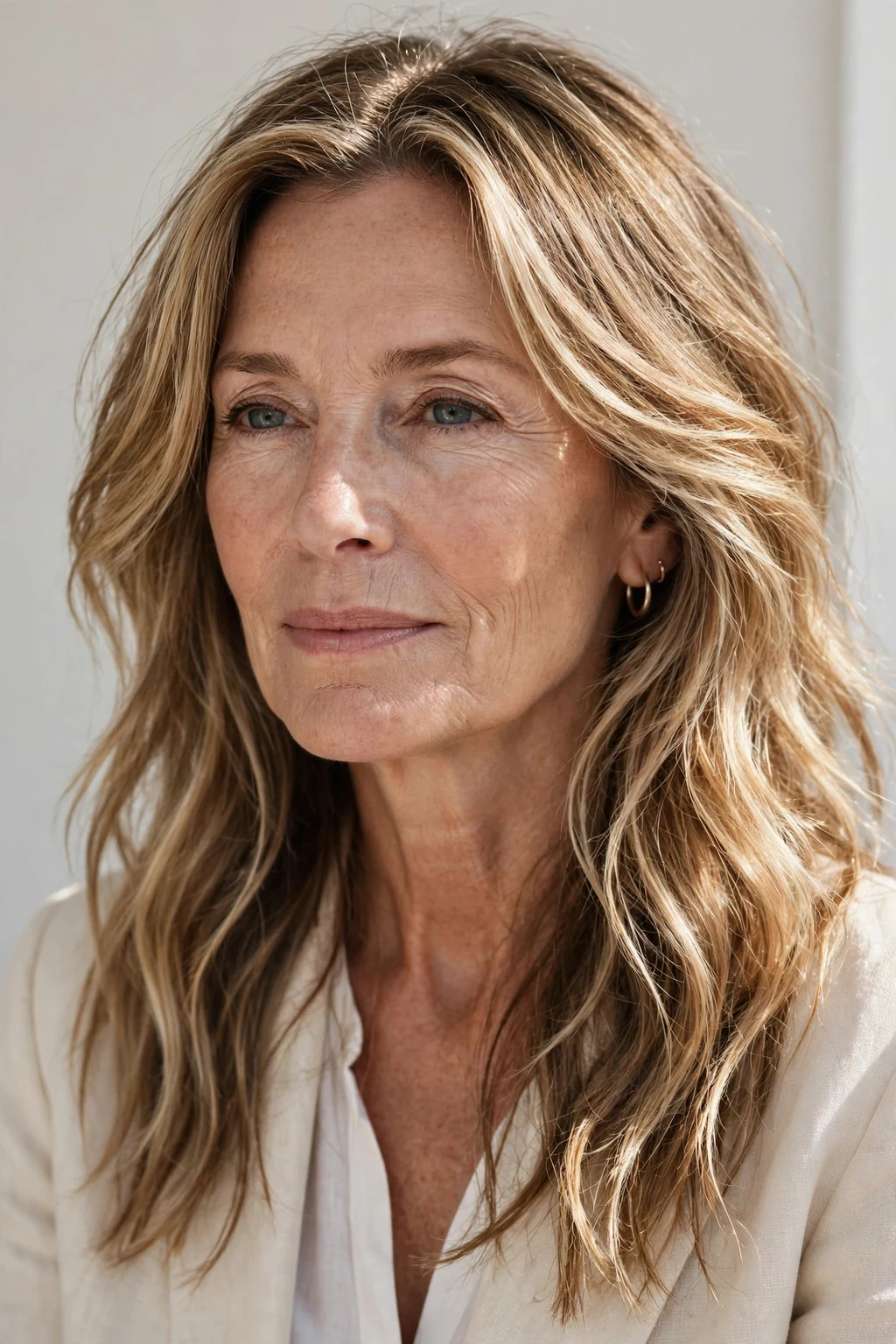 Elegant woman over 50 with long beachy layers, sun-kissed flowing texture, sunlit light.