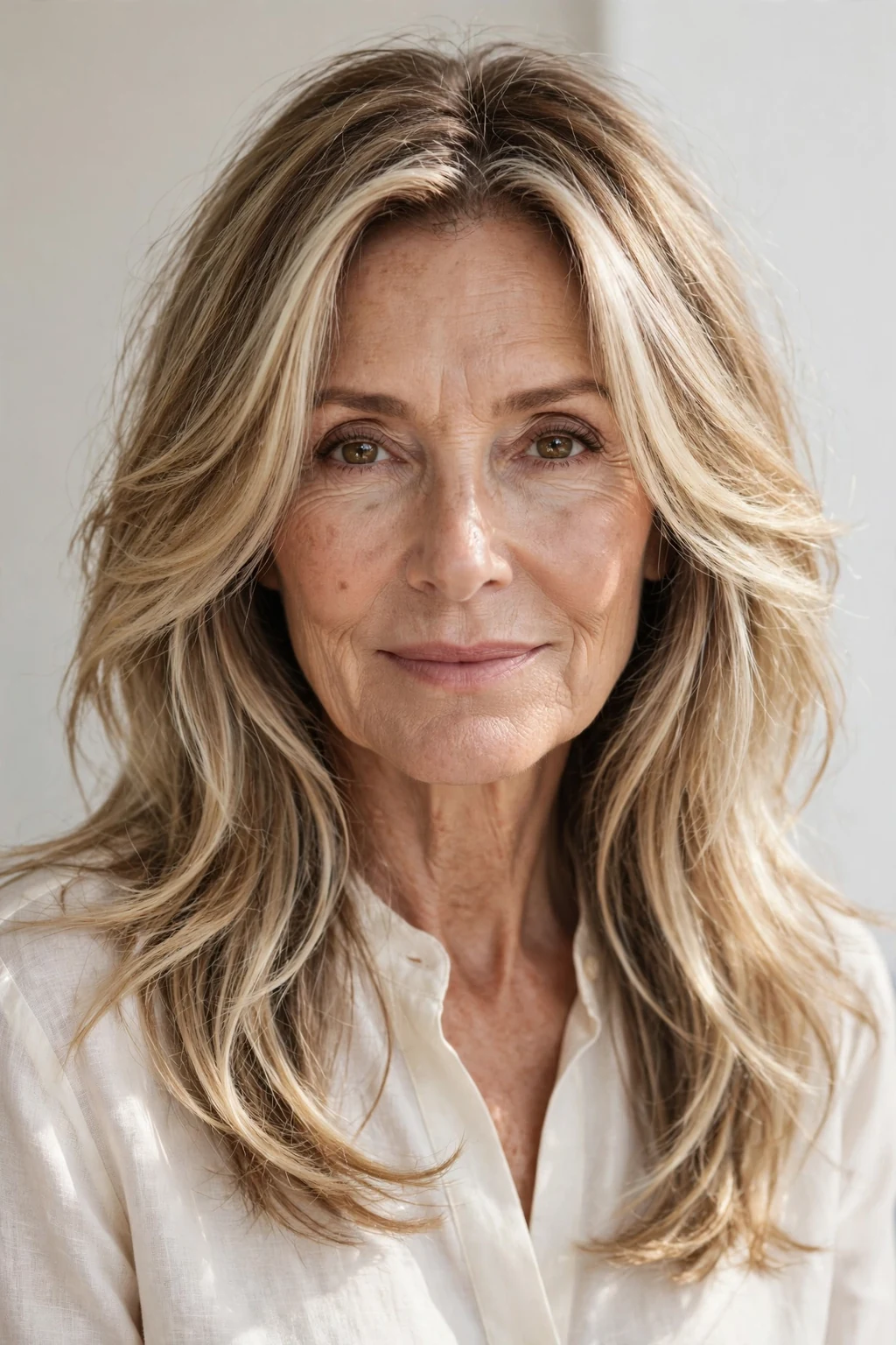 Elegant woman over 60 with long beachy layers, sun-kissed flowing texture, sunlit light.