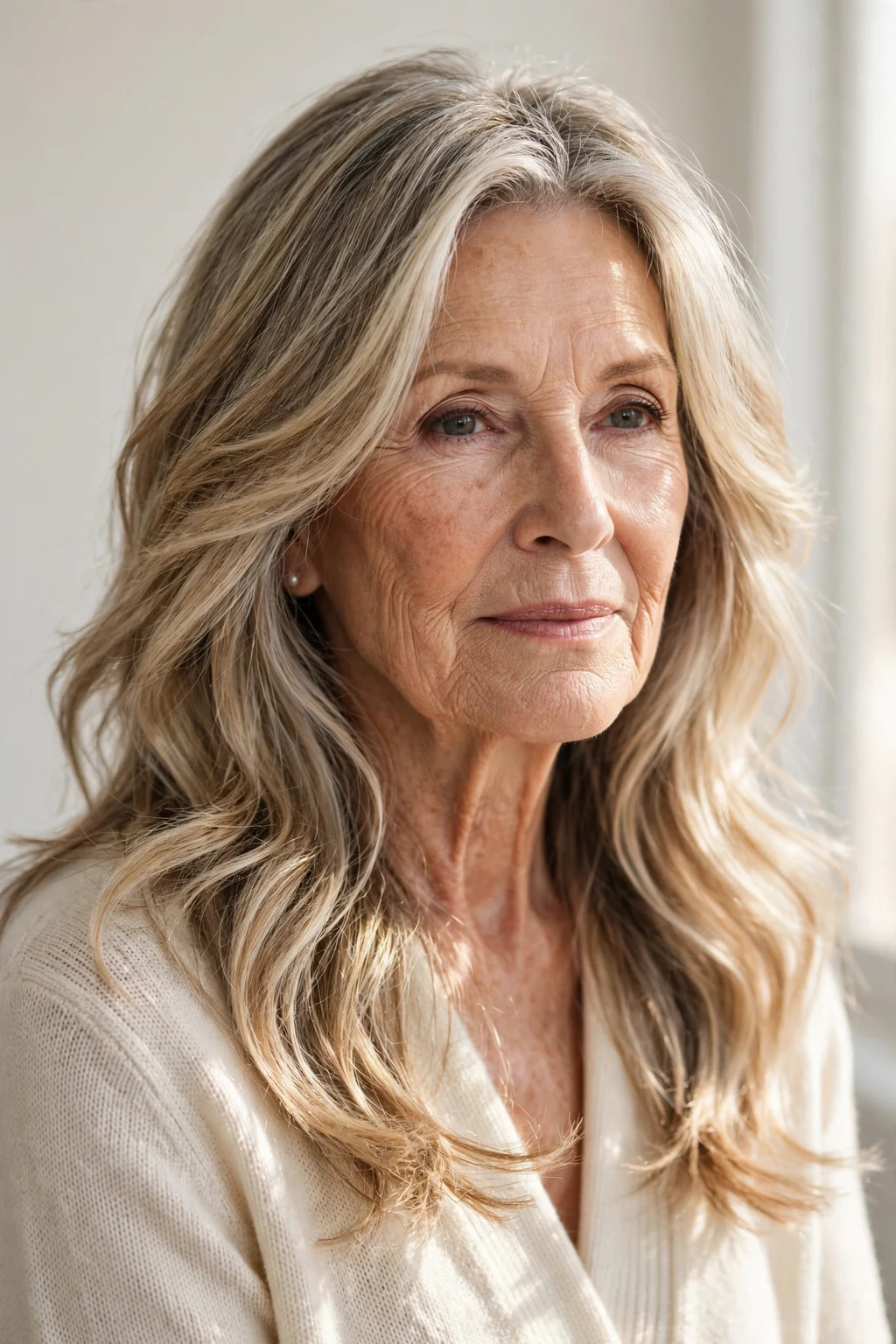 Elegant woman over 70 with long beachy layers, sun-kissed flowing texture, sunlit light.