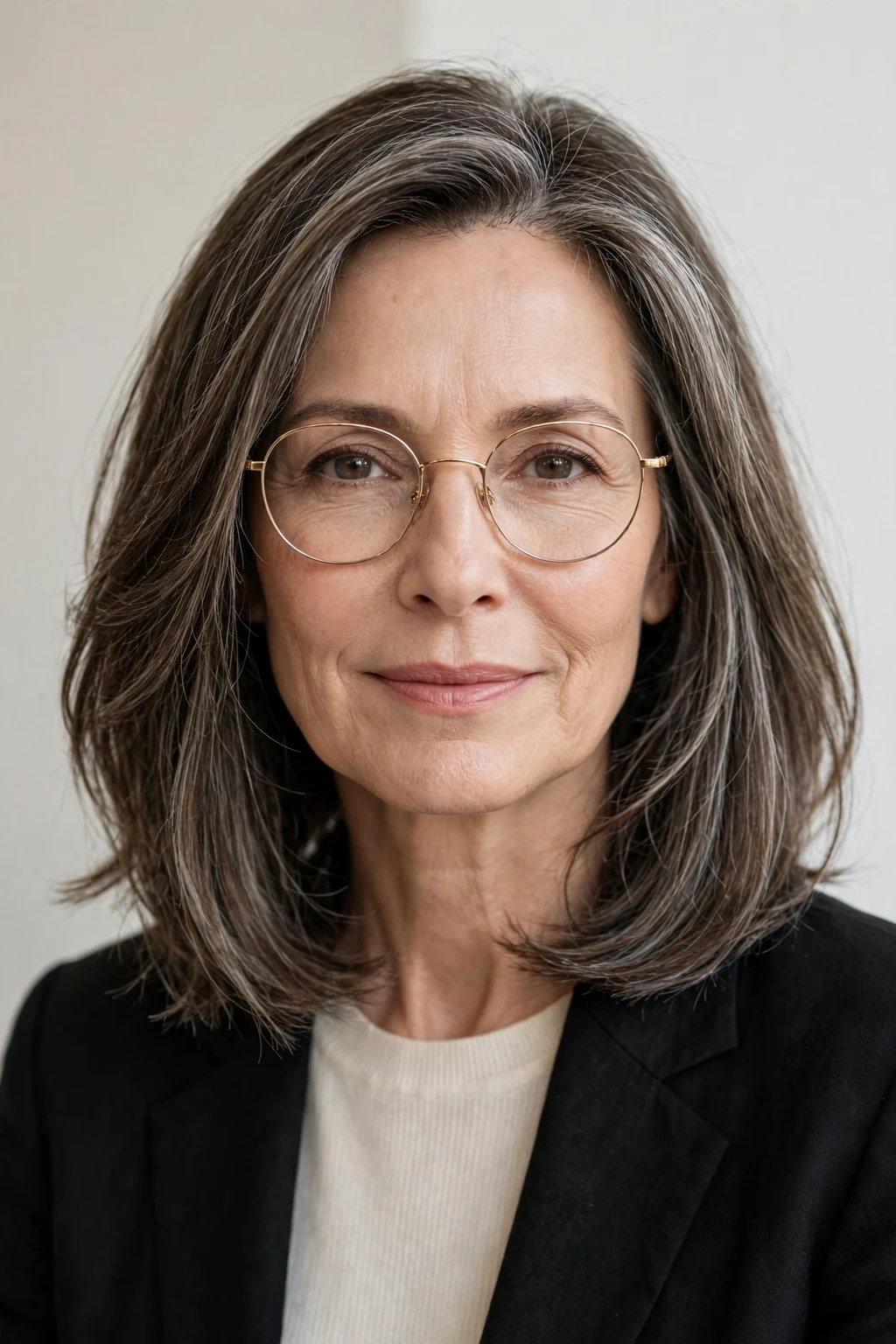 Elegant woman over 50 with glasses and long bob mix, blended versatile medium length, flattering light.
