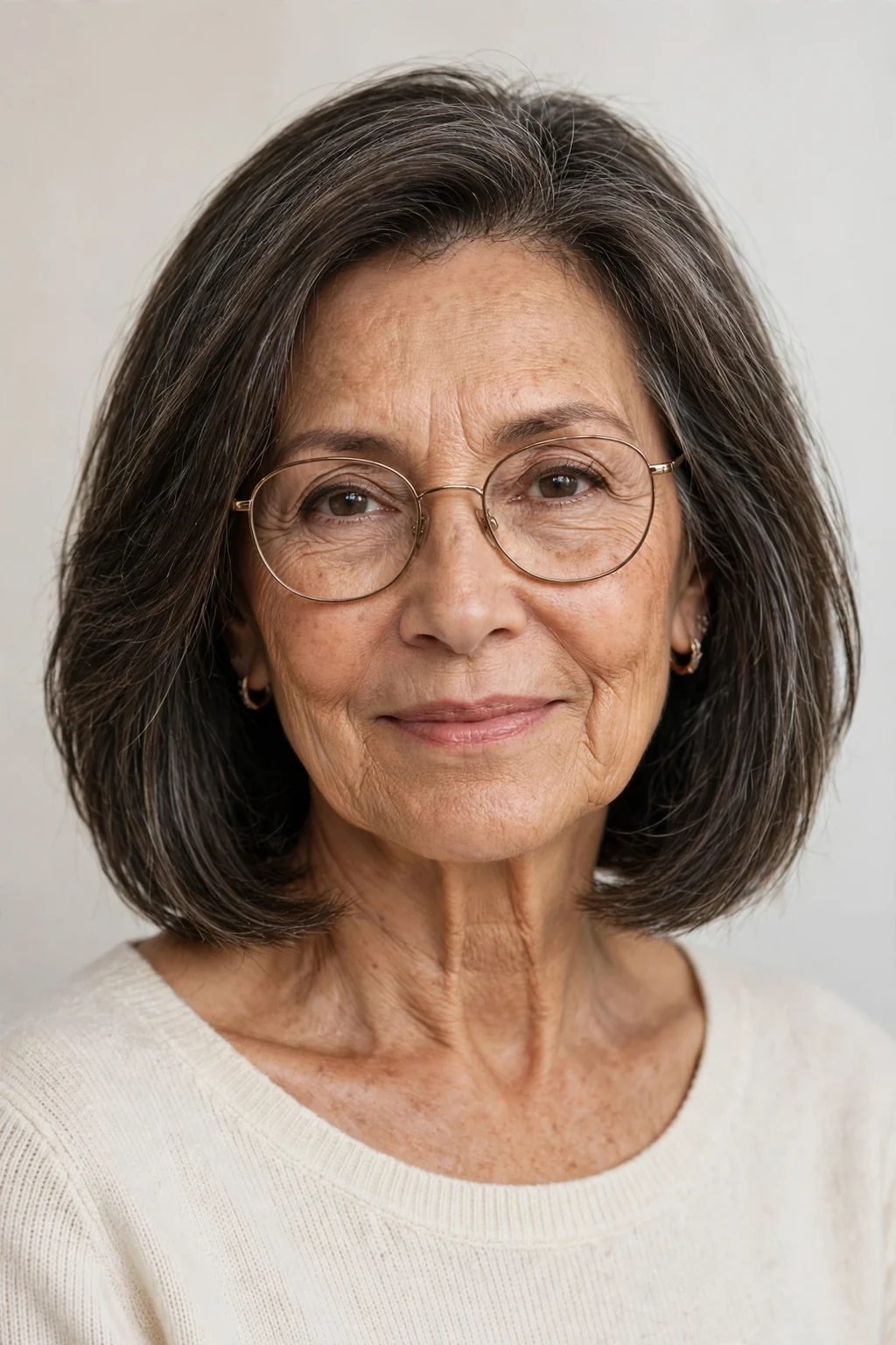 Elegant woman over 60 with glasses and long bob mix, blended versatile medium length, flattering light.