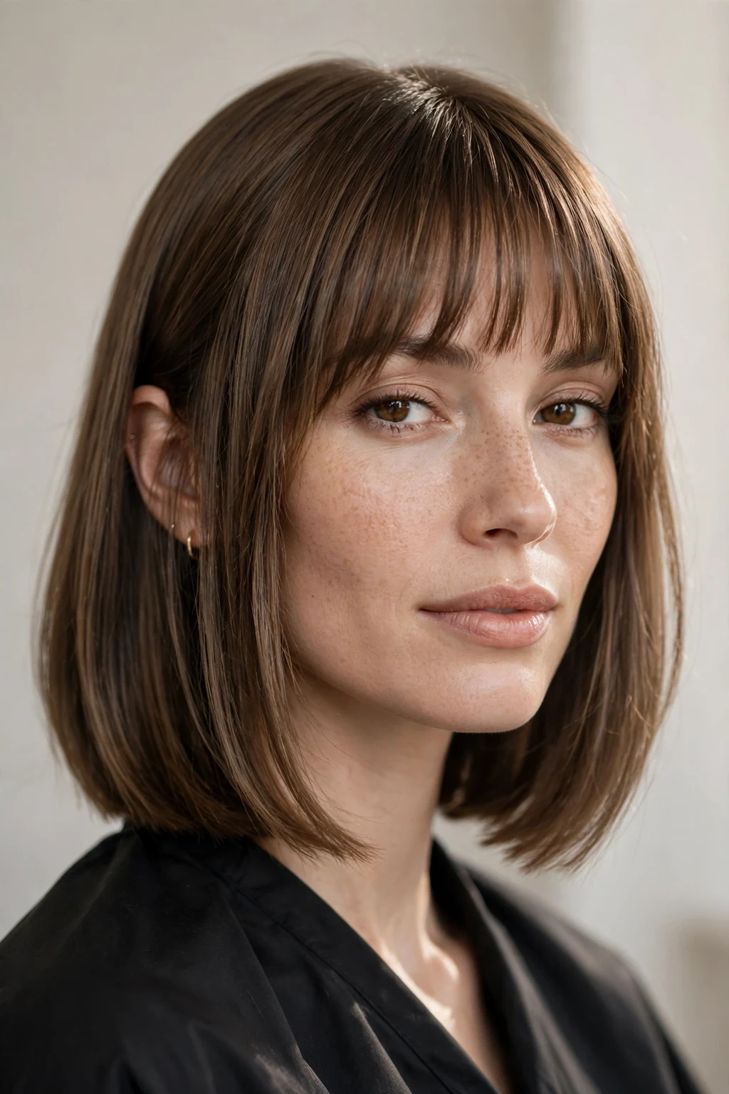 Woman with long bob and bangs, collarbone lob with fringe, elegant light.