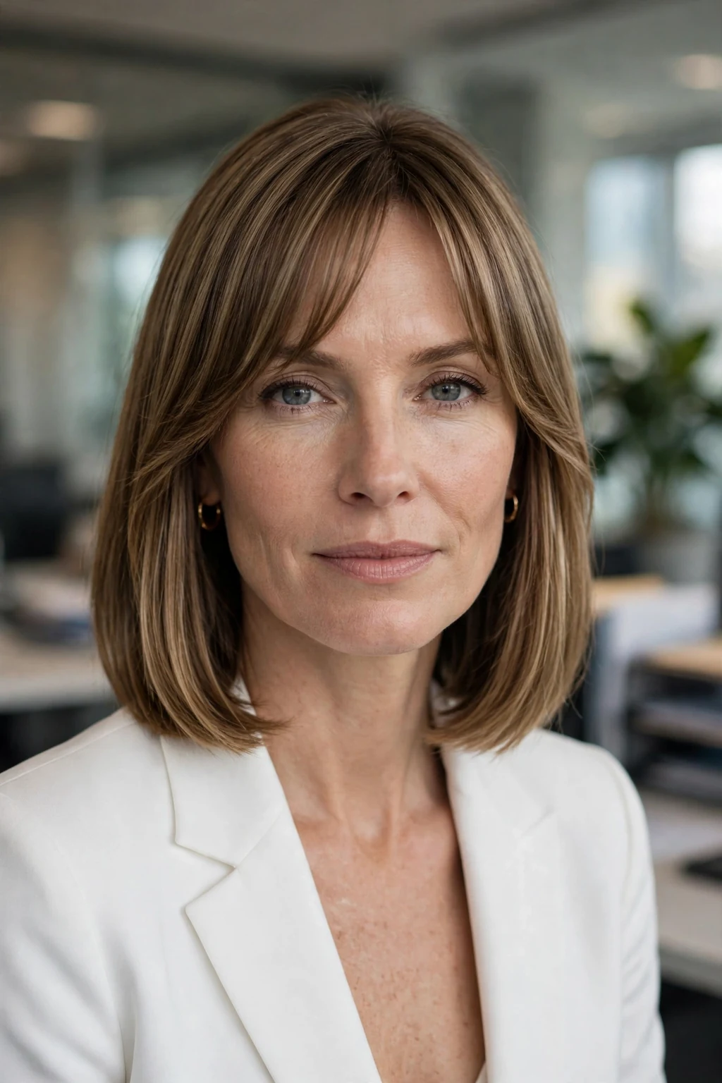 Beautiful woman with curtain bangs and long bob, sleek long bob with bangs, sophisticated light.