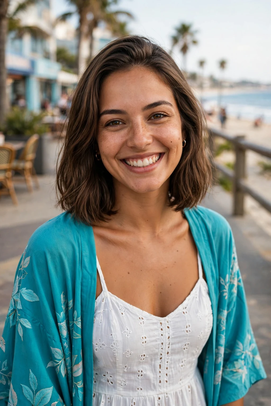 Young Brazilian woman with a long bob on a beachside promenade in a white dress.