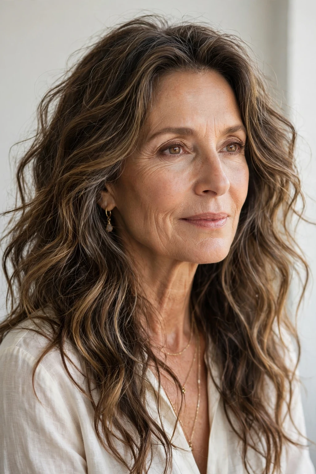 Elegant woman over 50 with long boho waves, free-spirited texture, natural light.