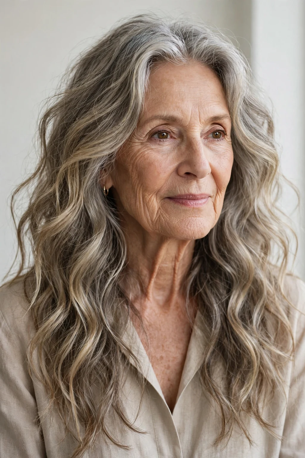 Elegant woman over 70 with long boho waves, free-spirited texture, natural light.