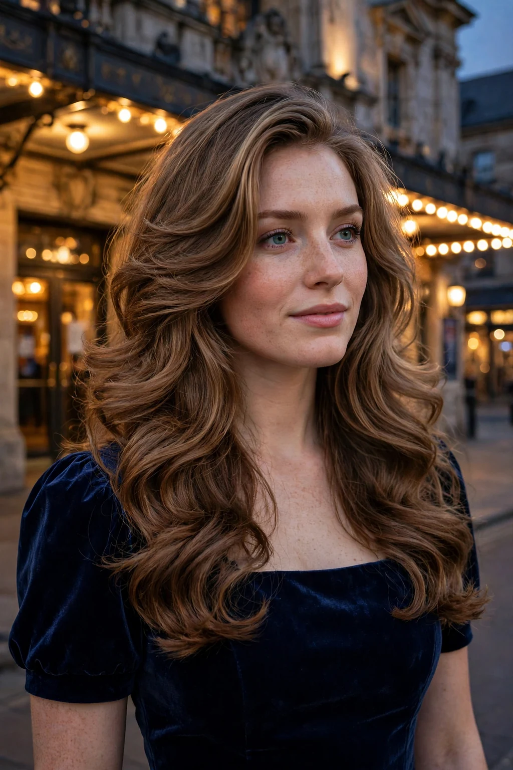 Young woman with long bouncy blowout layers, voluminous hair, outside a theatre in the evening.