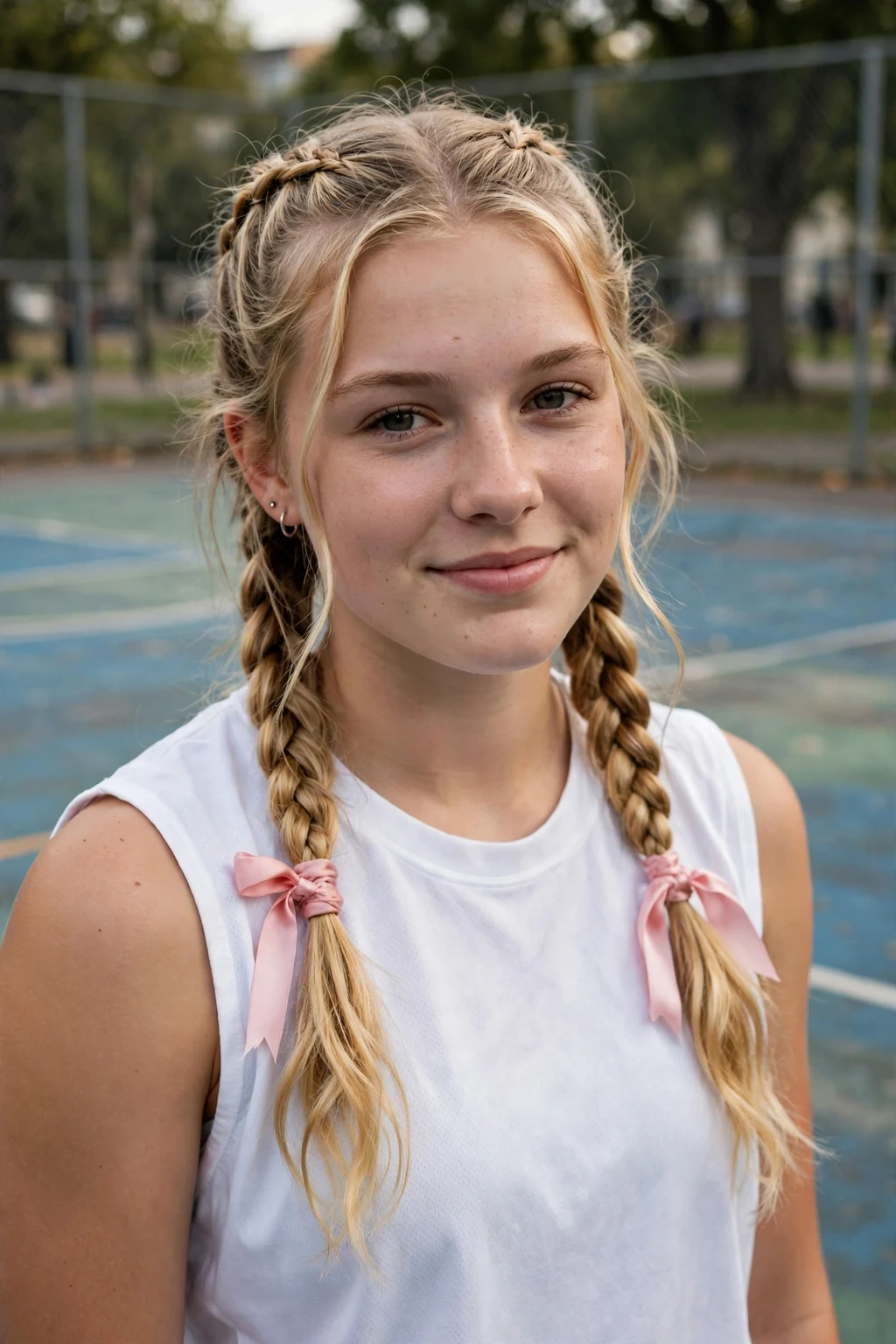 Young woman athlete with long braided pigtails with ribbons, wearing a white jersey.