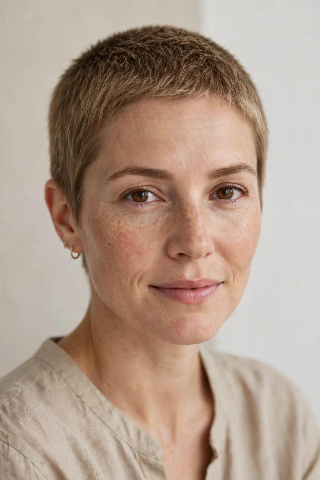 Woman with long buzz cut, slightly longer soft buzzed length, gentle light.