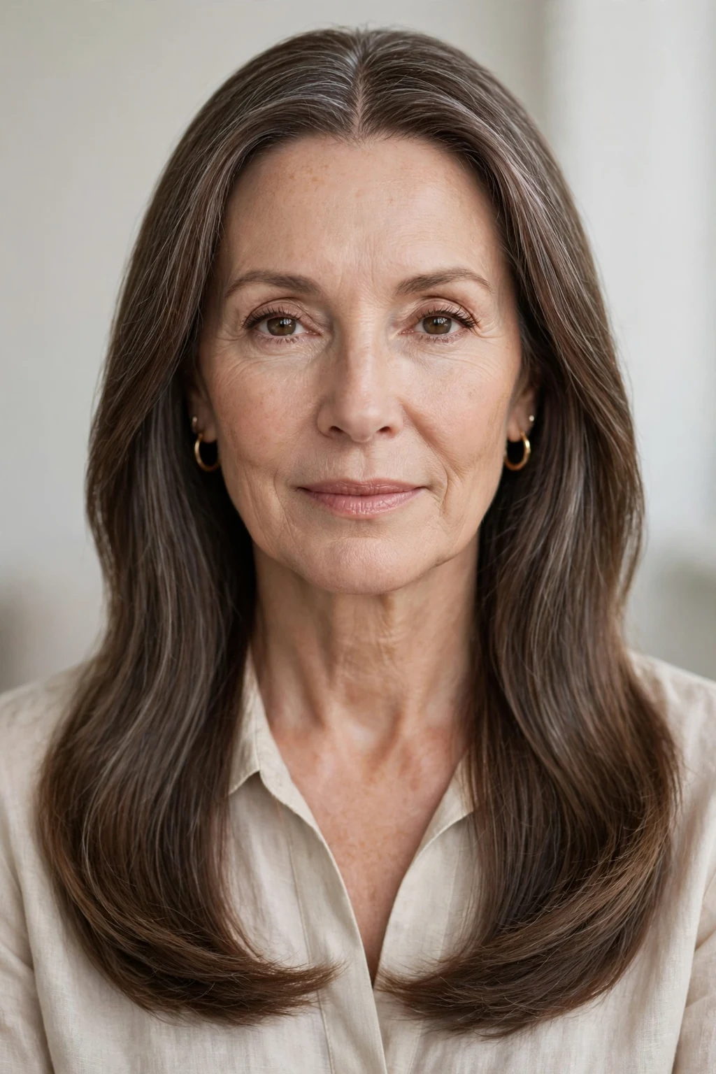 Elegant woman over 50 with center-part long style, symmetrical flowing hair, serene light.
