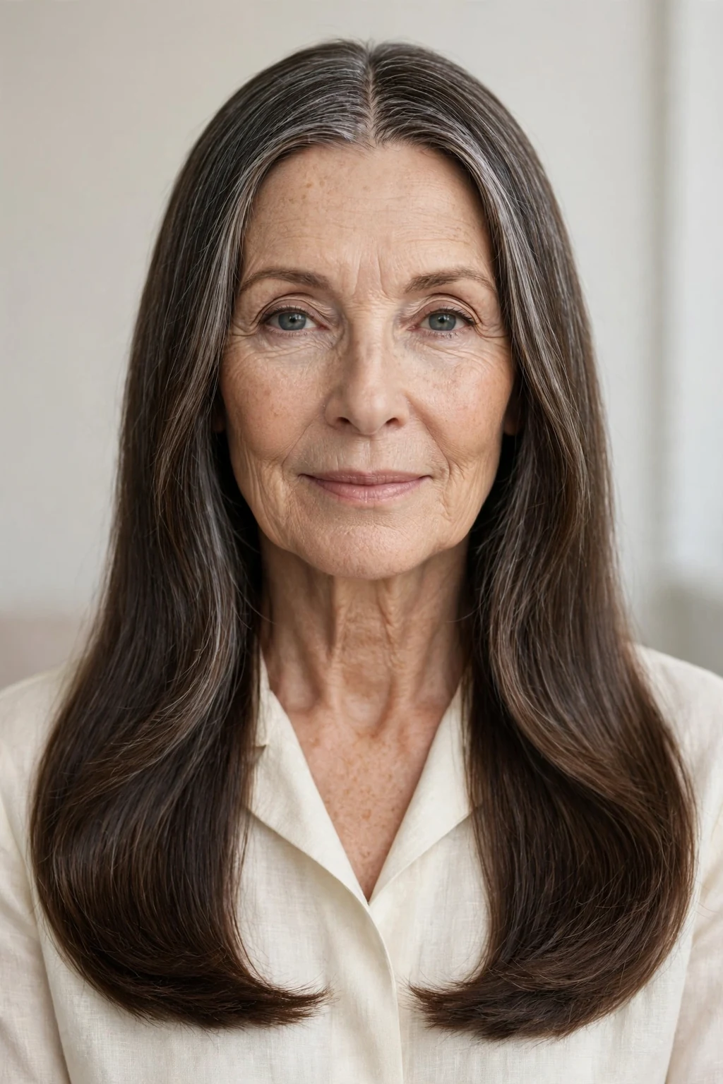 Elegant woman over 60 with center-part long style, symmetrical flowing hair, serene light.
