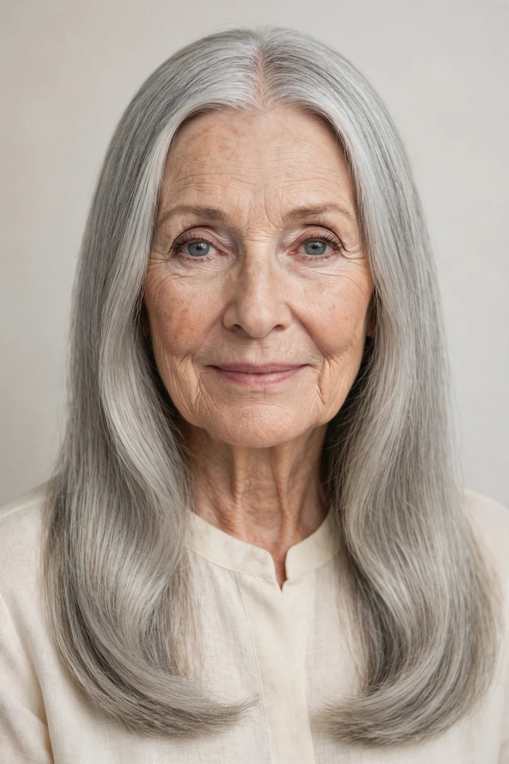 Elegant woman over 70 with center-part long style, symmetrical flowing hair, serene light.