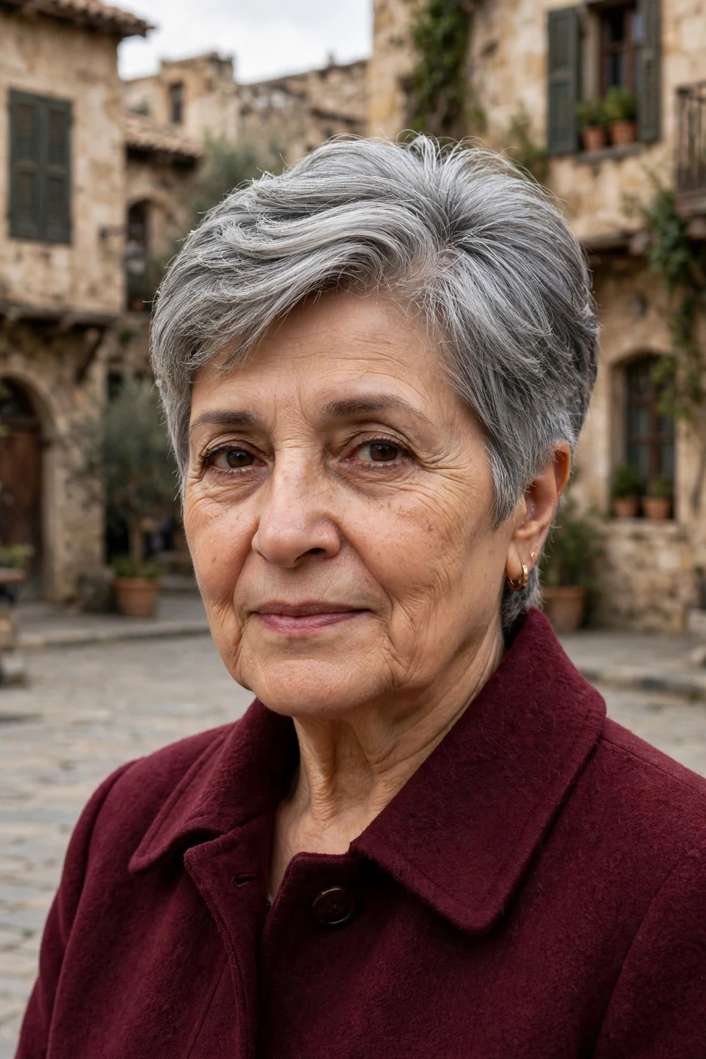 A woman in her mid 60s with a gray pixie cut with a long crown, wearing a maroon coat in a historic town square.
