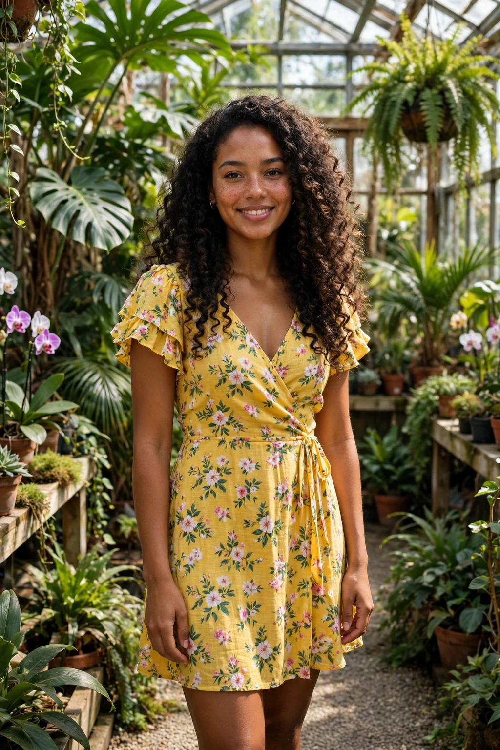 Young woman with long curly layers, defined bouncy curls, in a botanical greenhouse.