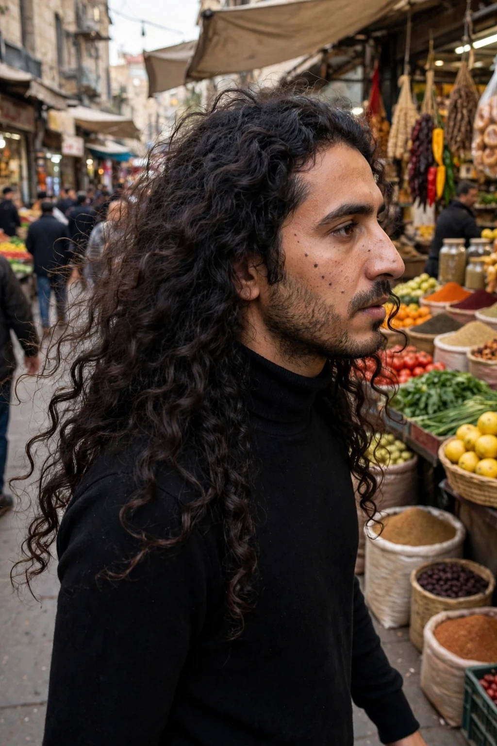 A man with a long curly mane, his curls falling past his shoulders in full defined sections.