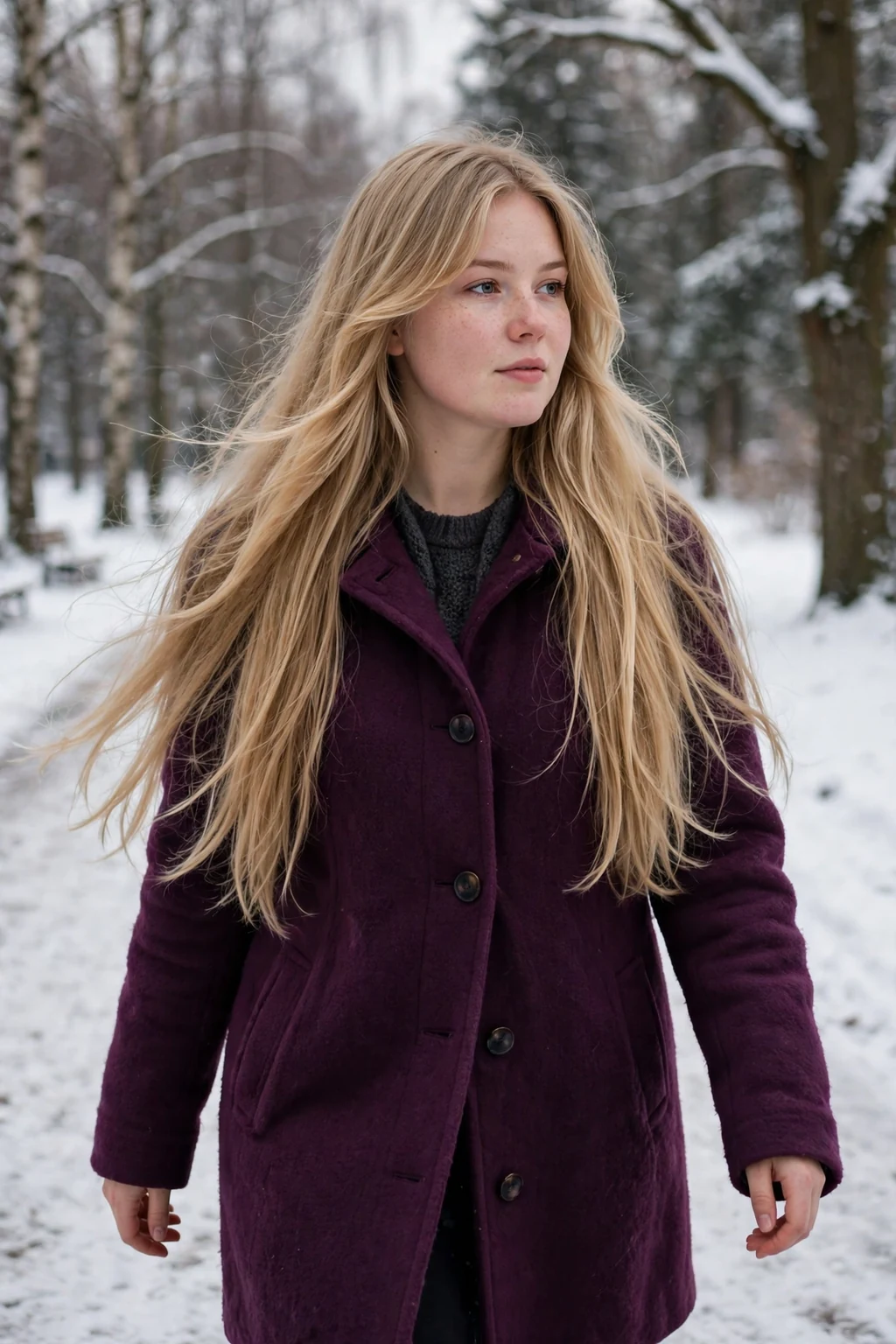 Young woman with a round face wearing very long hair with curtain layers.