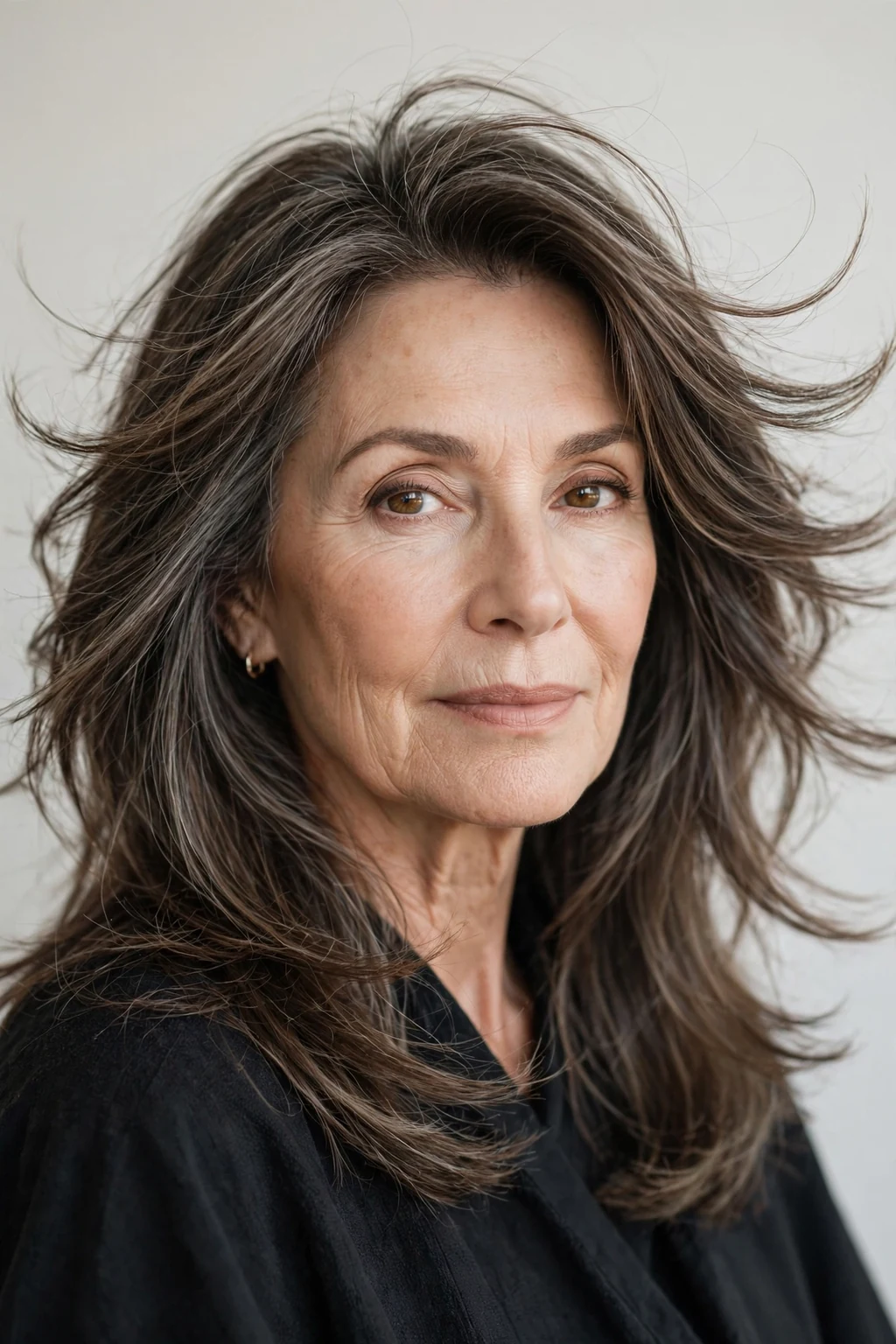 Elegant woman over 50 with long feathered layers, soft airy movement, delicate light.