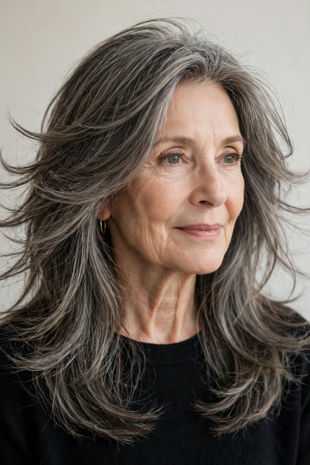 Elegant woman over 60 with long feathered layers, soft airy movement, delicate light.