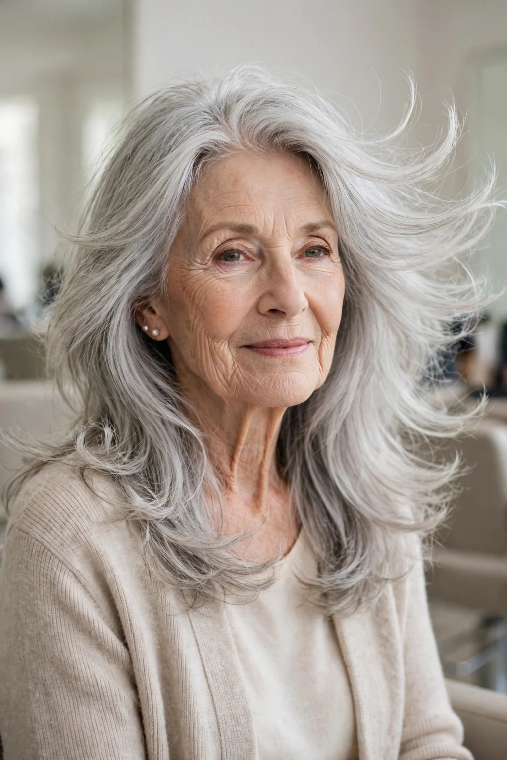 Elegant woman over 70 with long feathered layers, soft airy movement, delicate light.