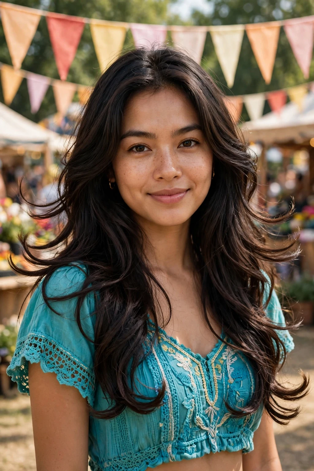 Young woman with long layered hair and flippy bouncy ends, dancing at an outdoor summer festival.