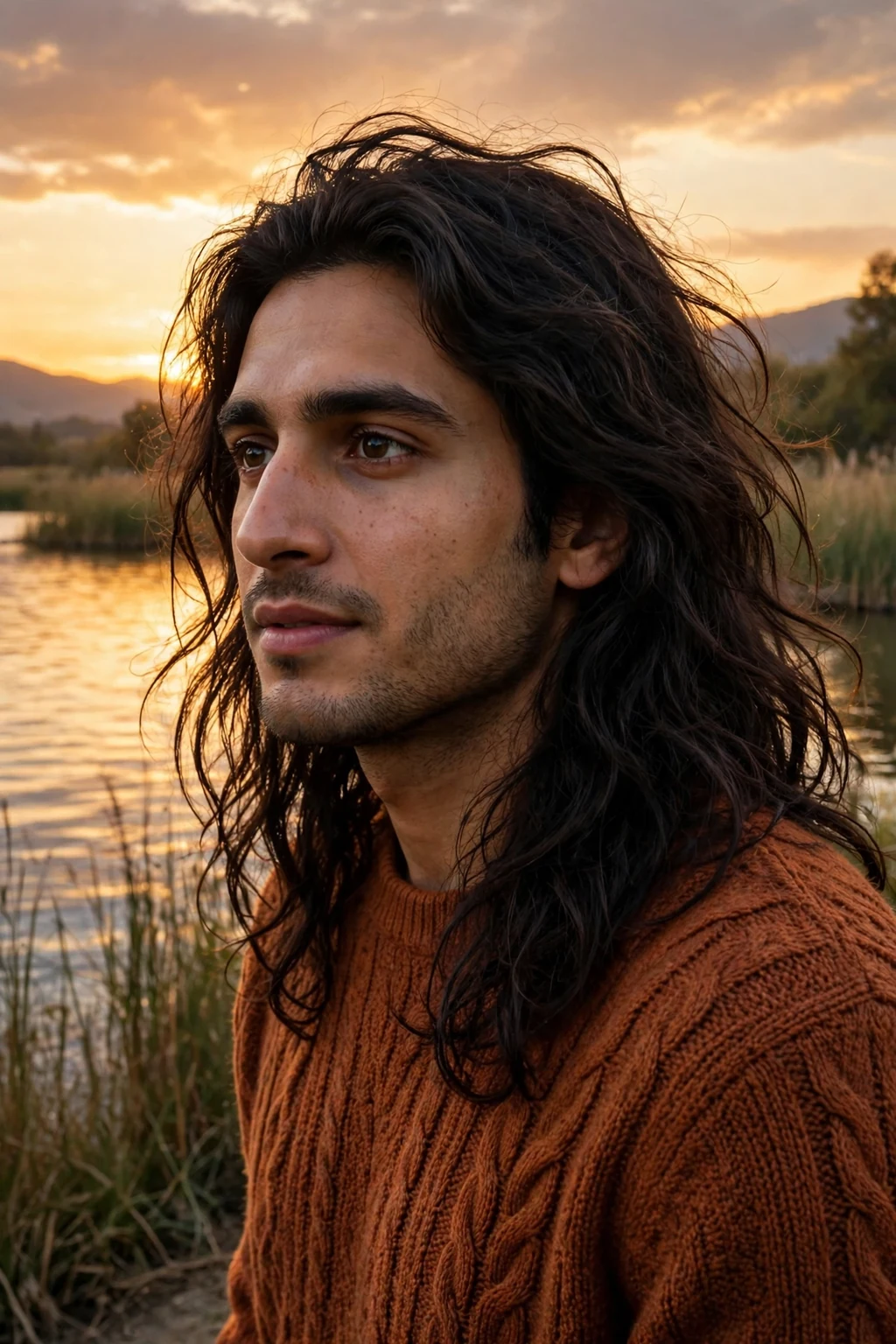 Young man with long flowing thick hair, wearing a rust sweater by a lakeside.