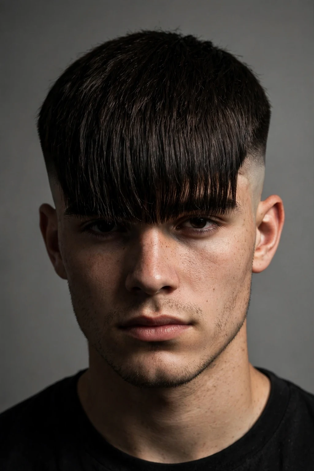 Man with Edgar cut and long fringe, extended fringe length, dramatic studio light.