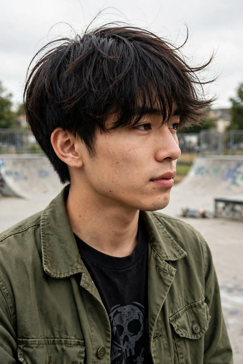 Young man with a long fringe and tapered sides for thick hair, standing in a skate park in a black graphic tee and olive jacket.