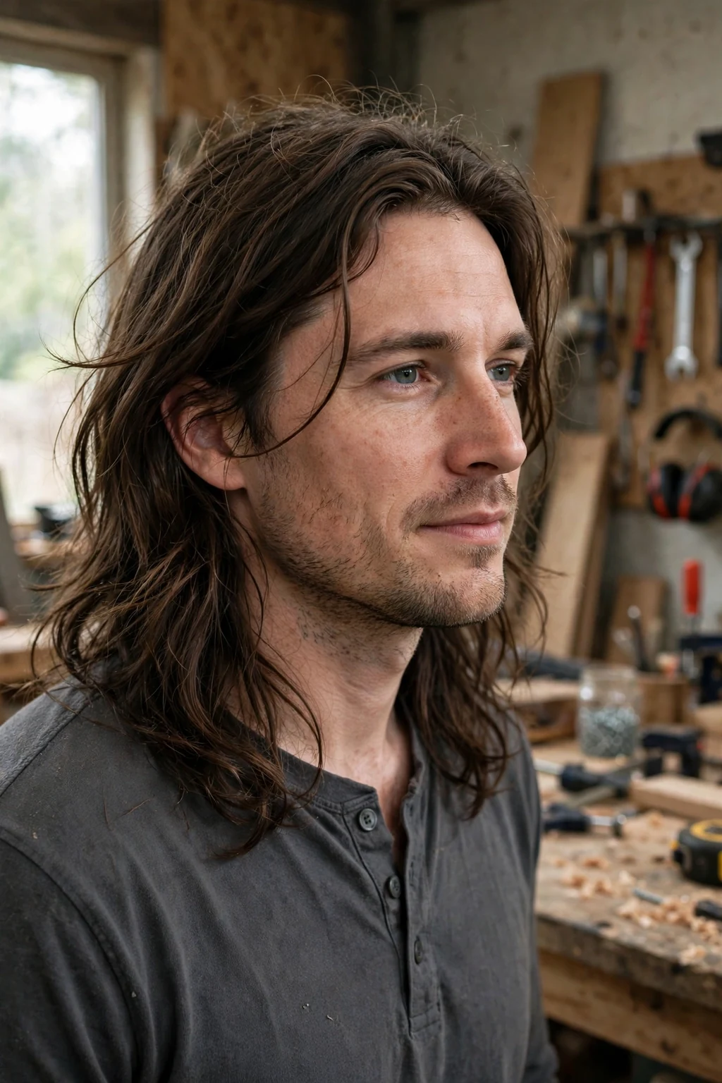 Man with long hair and a hidden undercut for thick hair, standing in a workshop in a charcoal henley shirt.