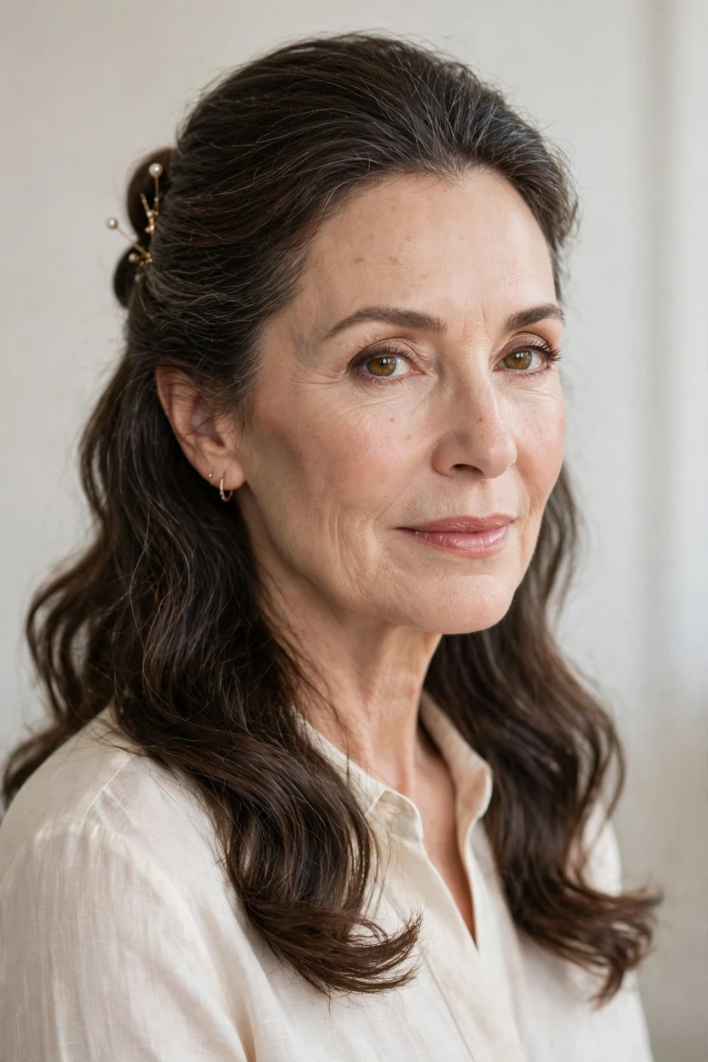 Elegant woman over 50 with long half-up style, elegant partially pinned hair, chic light.