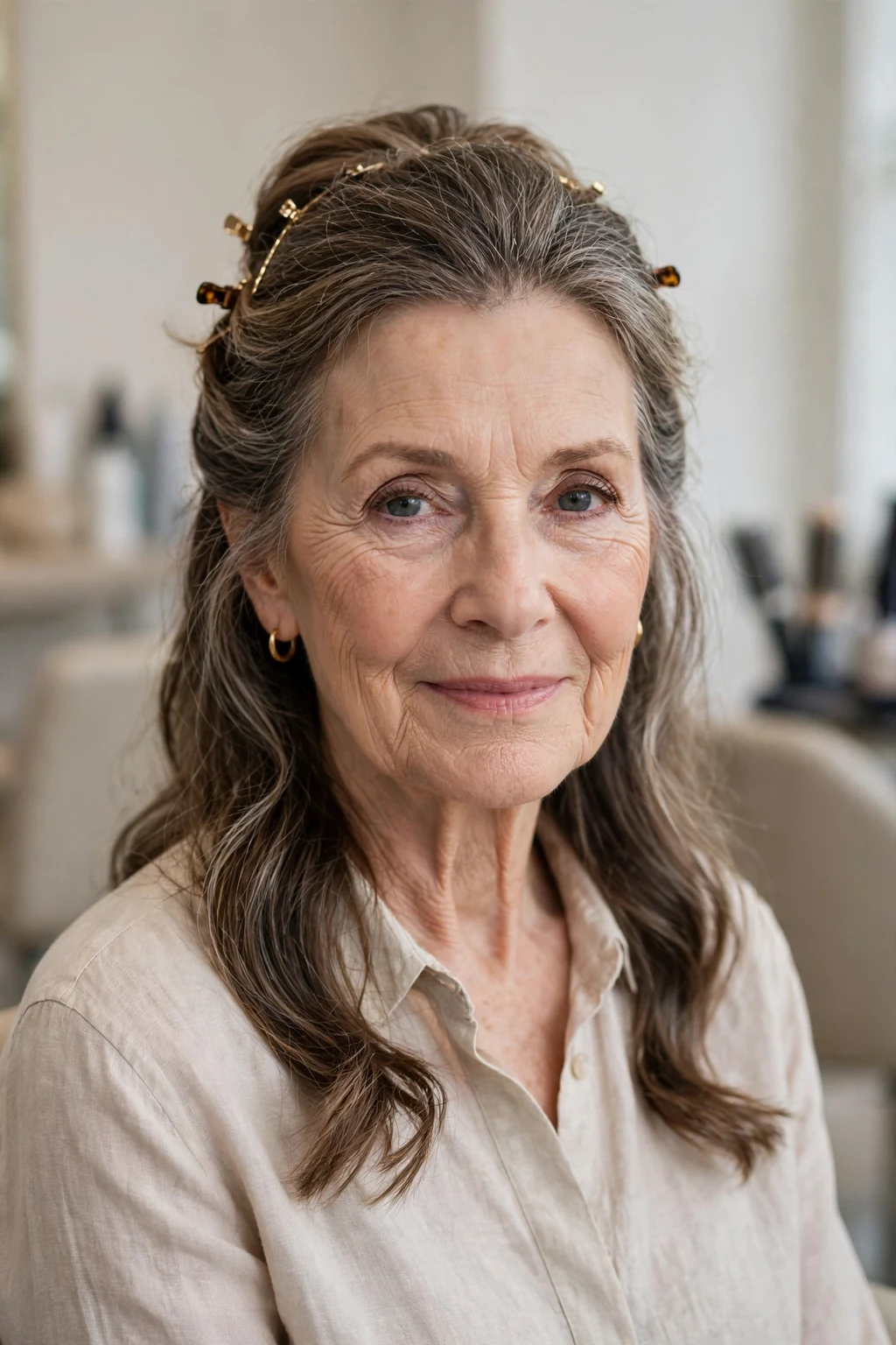 Elegant woman over 60 with long half-up style, elegant partially pinned hair, chic light.