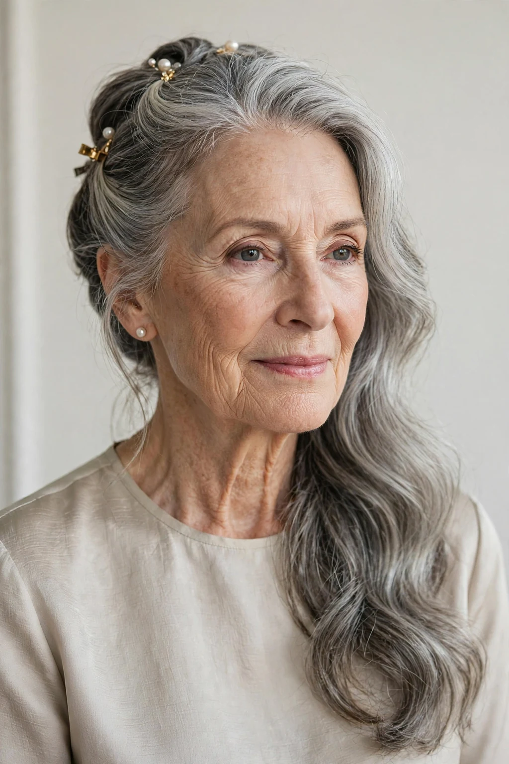 Elegant woman over 70 with long half-up style, elegant partially pinned hair, chic light.