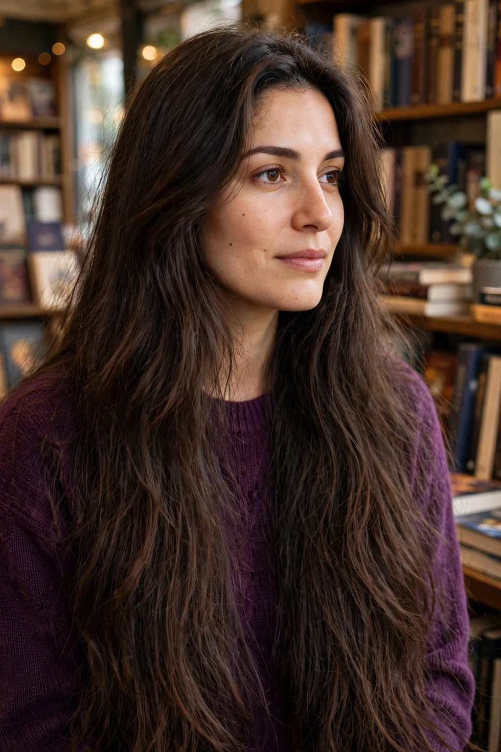 A young Turkish woman in her early 30s with very long dark brown layered hair, wearing a plum coloured sweater in a cosy bookshop.