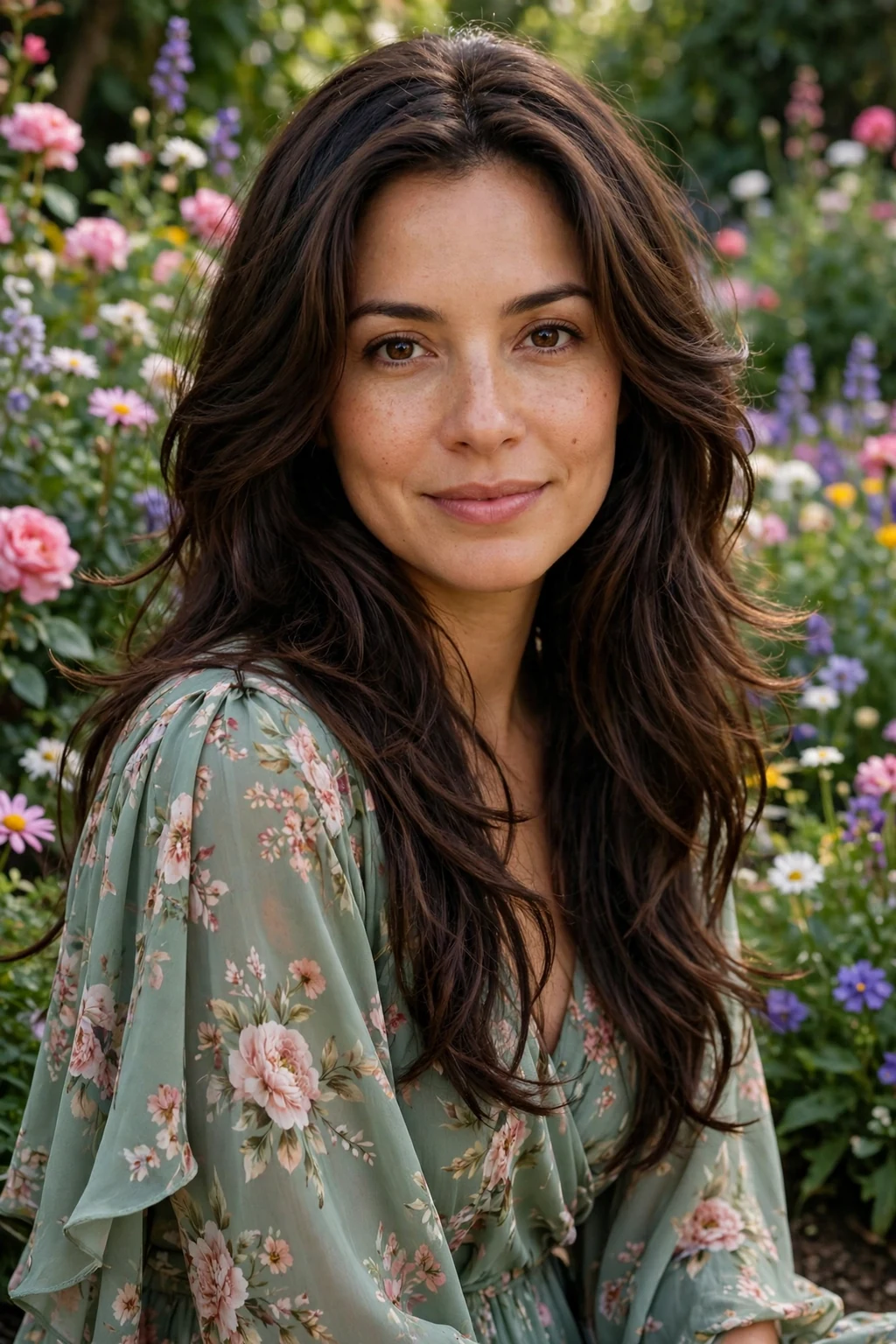 Beautiful woman with long layered cut, flowing long layers, bright light.