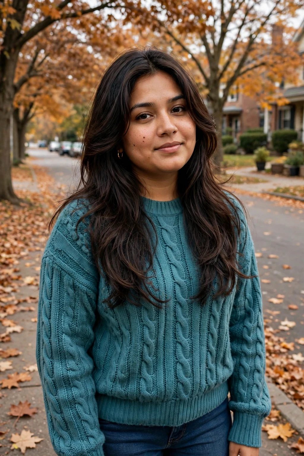 Young woman with a round face wearing long layered hair with soft face-framing pieces.