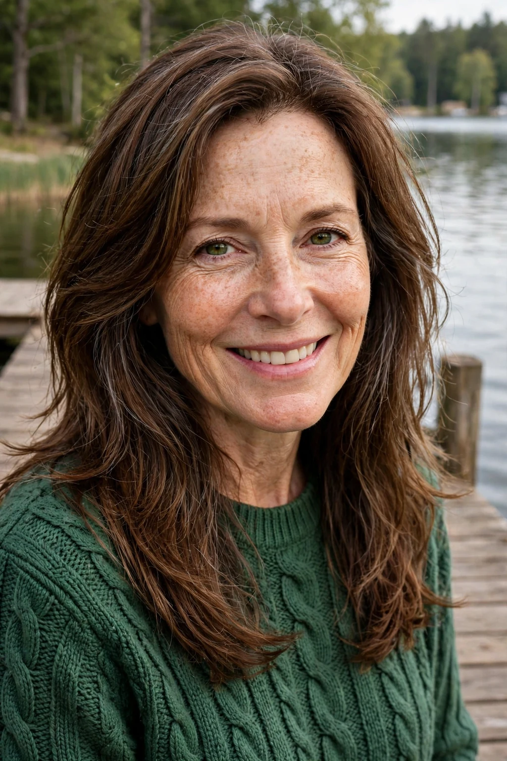 Mature Caucasian woman in her late fifties with a long layered haircut, wearing a forest-green sweater on a lakeside dock.