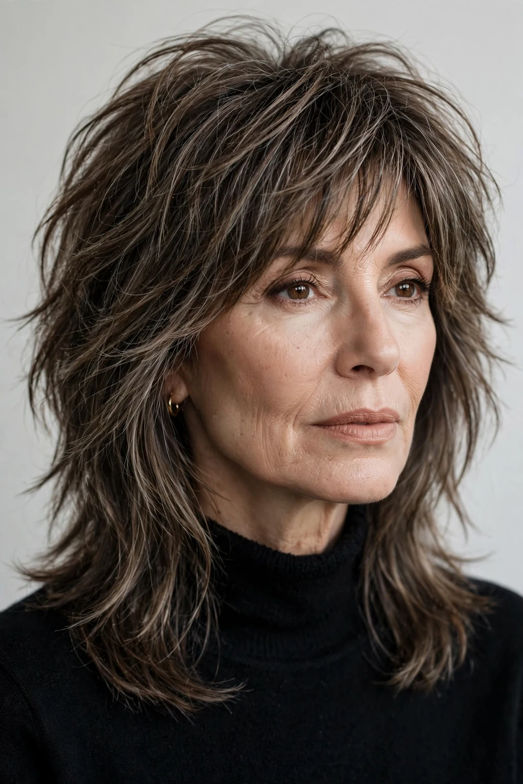 Elegant woman over 50 with long layered shag, textured modern hair, edgy soft light.