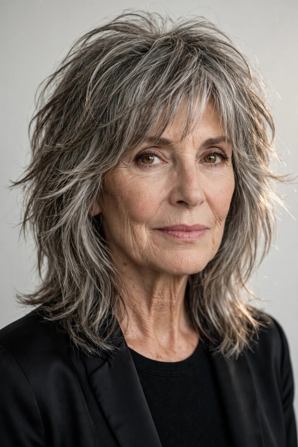 Elegant woman over 60 with long layered shag, textured modern hair, edgy soft light.