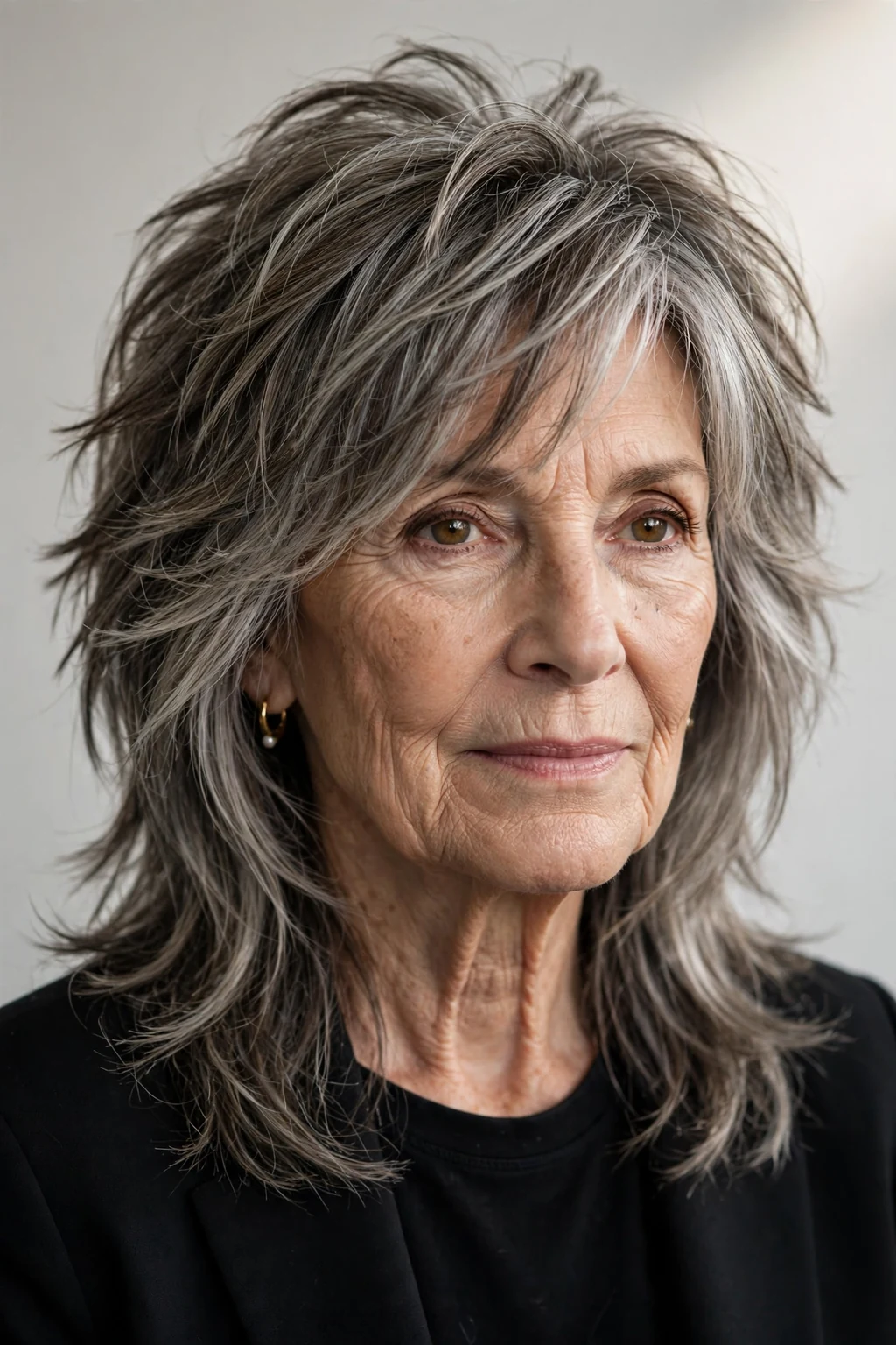 Elegant woman over 70 with long layered shag, textured modern hair, edgy soft light.