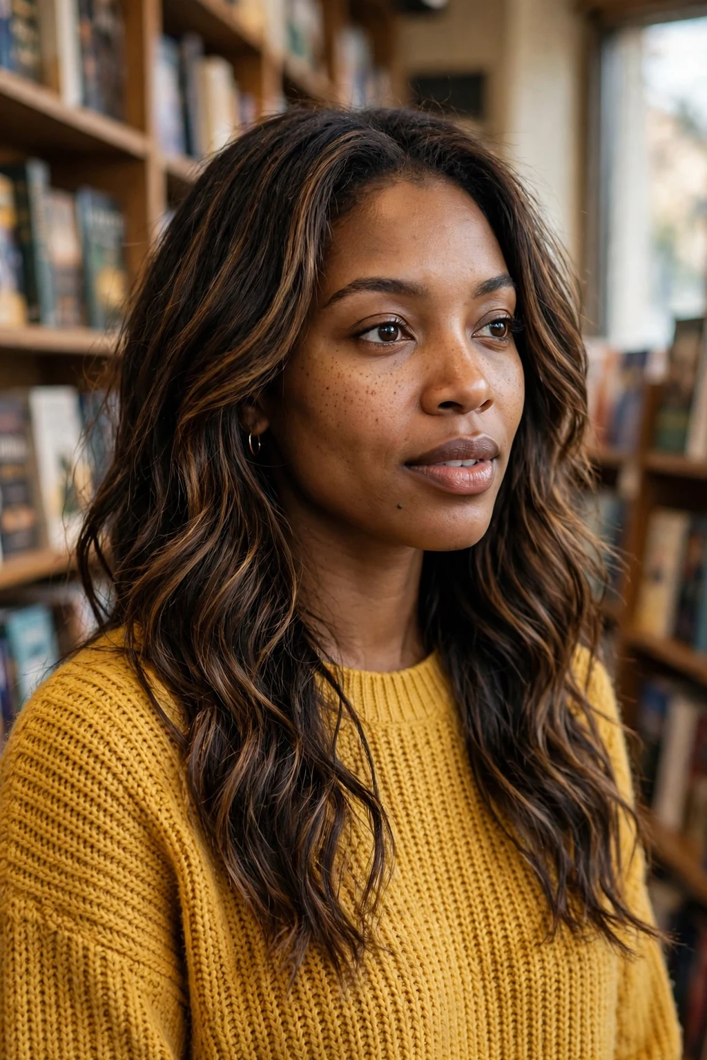 Young woman with long layered waves cascading past her shoulders.