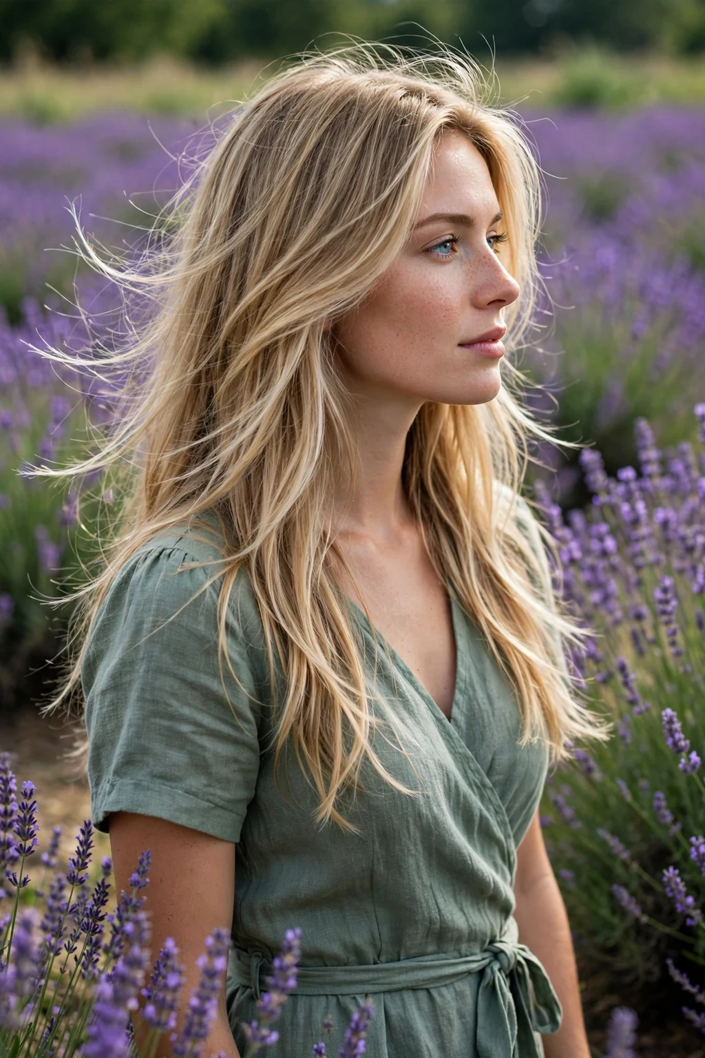 Young woman with long layered hair and wispy feather-light ends, in a lavender field.